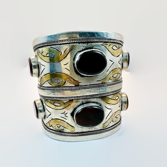 Vintage Middle Eastern Cuff: Afghan Bracelet Carnelian Silver Gold Mixed Boho - Picture 2 of 4